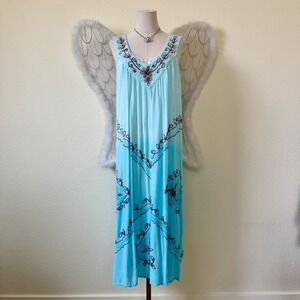 Vintage Blue Ombre Rayon Maxi Dress Embroidered Floral Sleeveless Boho Colorful